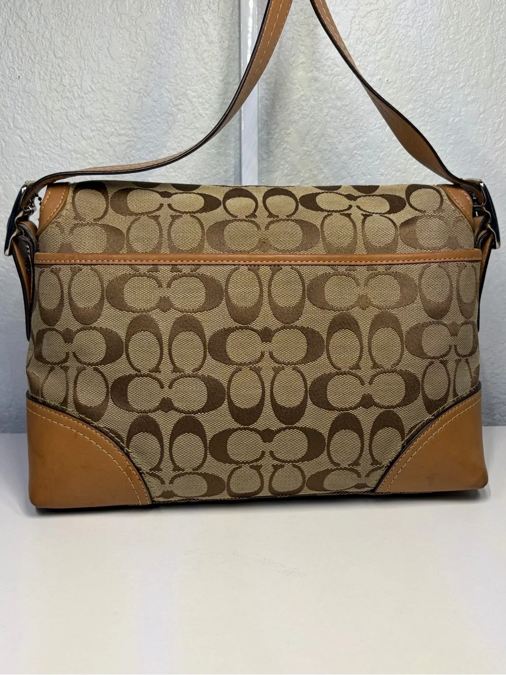 Y2K COACH Signature Jacquard Shoulder/ Crossbody Bag with Khaki/Caramel Trim